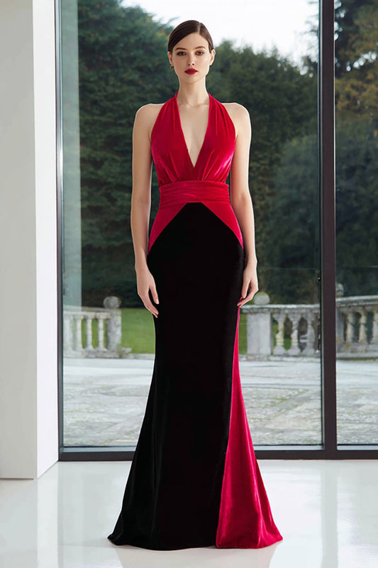 Robe longue de soirée sirène en patchwork de velours noir et fuchsia