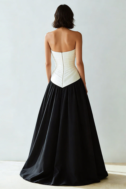 Robe de soirée longue trapèze bustier cœur simple noir et blanc