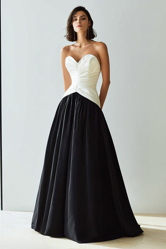 Robe de soirée longue trapèze bustier cœur simple noir et blanc