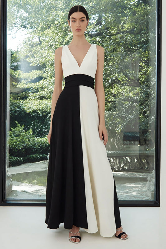 Robe longue de cérémonie évasée en patchwork noir et blanc à col en V