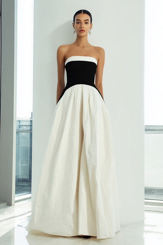 Robe longue de soirée bustier trapèze noir et blanc simple