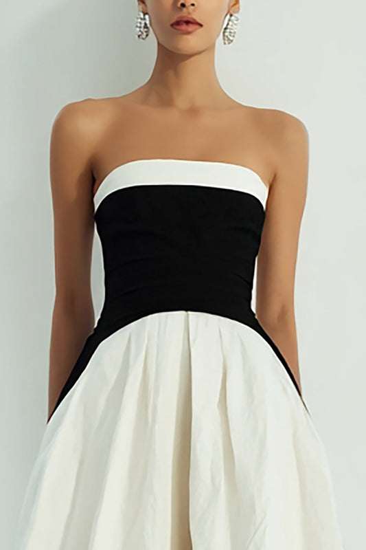 Robe longue de soirée bustier trapèze noir et blanc simple
