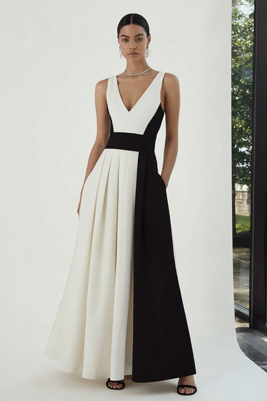 Robe longue de soirée trapèze avec col en V et patchwork noir et blanc, avec poches