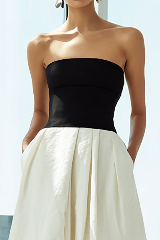Robe longue de cérémonie simple noire et blanche, ligne A, sans bretelles, avec poches