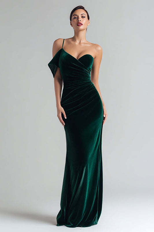 Robe de soirée longue fourreau en velours vert foncé à une épaule