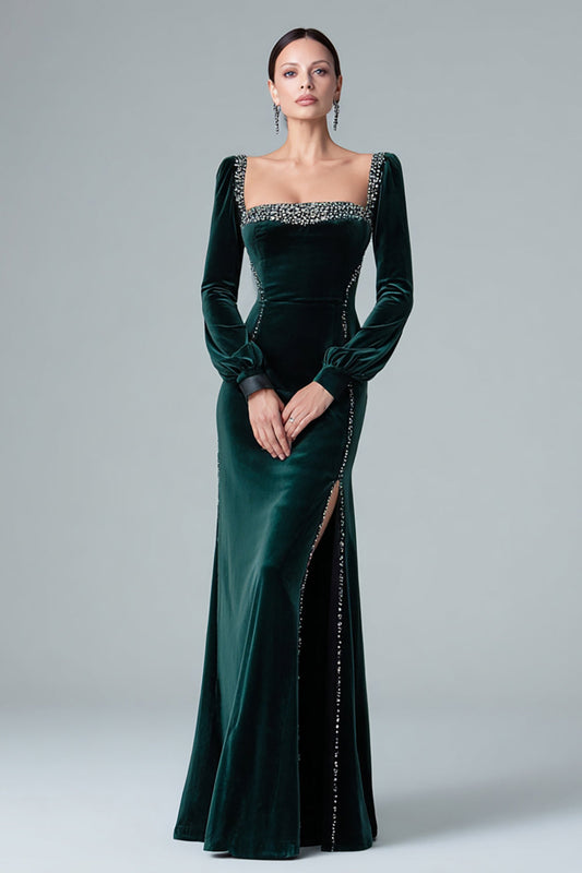 Robe longue de soirée sirène en velours vert foncé étincelant avec fente