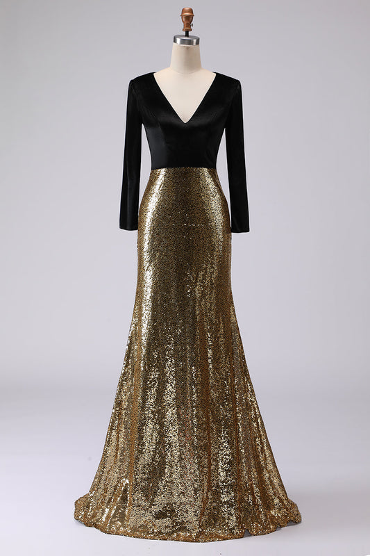 Sparkly Gold and Black V-Neck Sheath Long Formal Dress with Sleeves