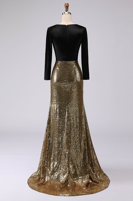 Sparkly Gold and Black V-Neck Sheath Long Formal Dress with Sleeves