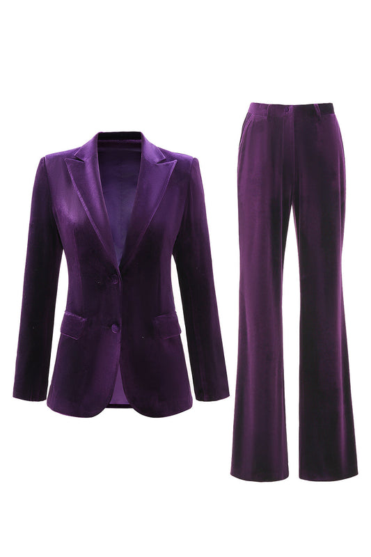 Costumes deux pièces en velours prune avec revers pointus pour femmes