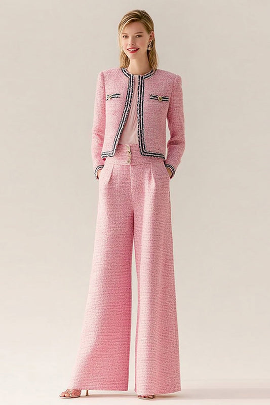 2-piece pink tweed long-sleeve women's suits