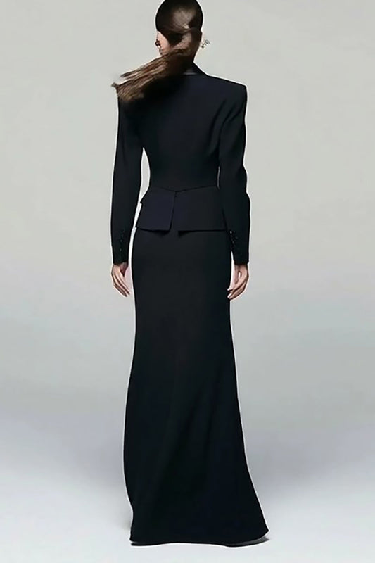 Black 2-Piece Peak Lapel Work Dress with Slit