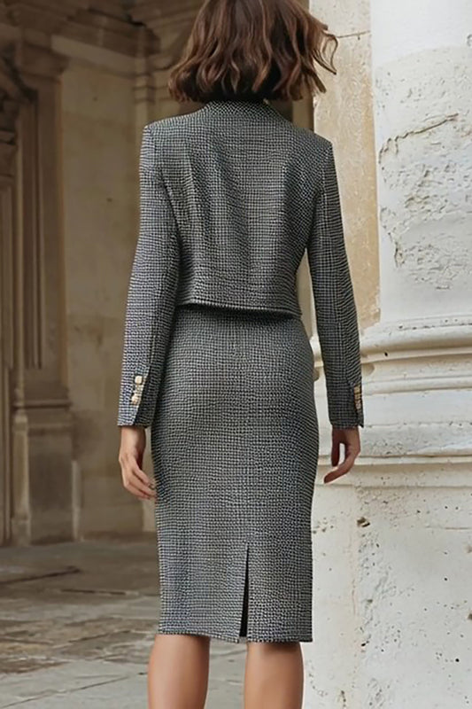 Robe de travail grise ajustée en tweed, simple boutonnage, 2 pièces