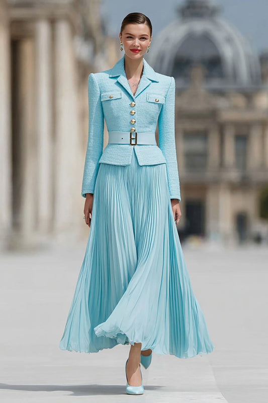Light Blue 2 Piece A-Line Notched Lapel Pleated Work Dress