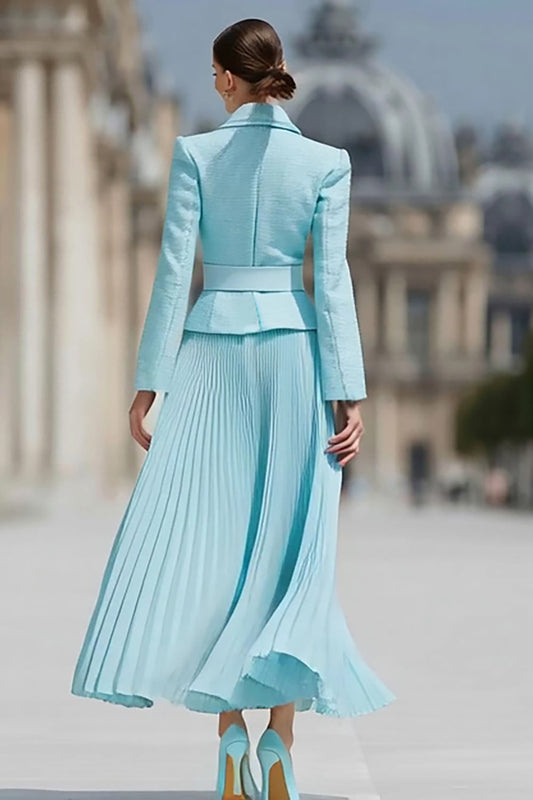 Light Blue 2 Piece A-Line Notched Lapel Pleated Work Dress