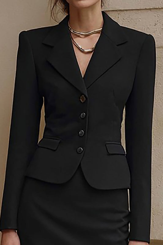 Black Notched Lapel Pencil Two-Piece Midi Work Dress