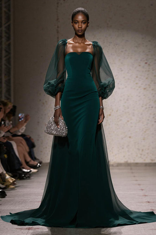 Robe de soirée longue sirène vert foncé à col carré et manches