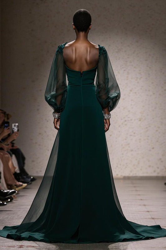 Robe de soirée longue sirène vert foncé à col carré et manches
