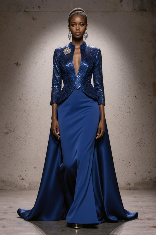 Robe de soirée longue sirène bleu roi pailletée à col montant avec cape