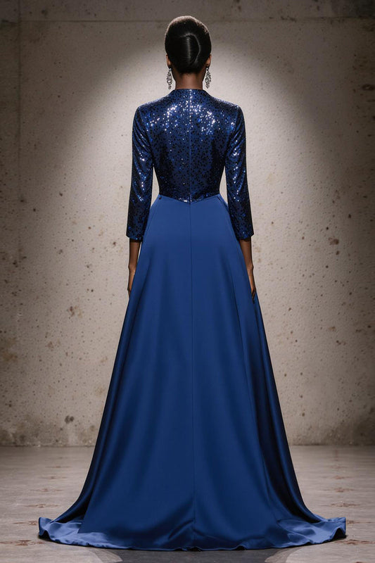 Robe de soirée longue sirène bleu roi pailletée à col montant avec cape