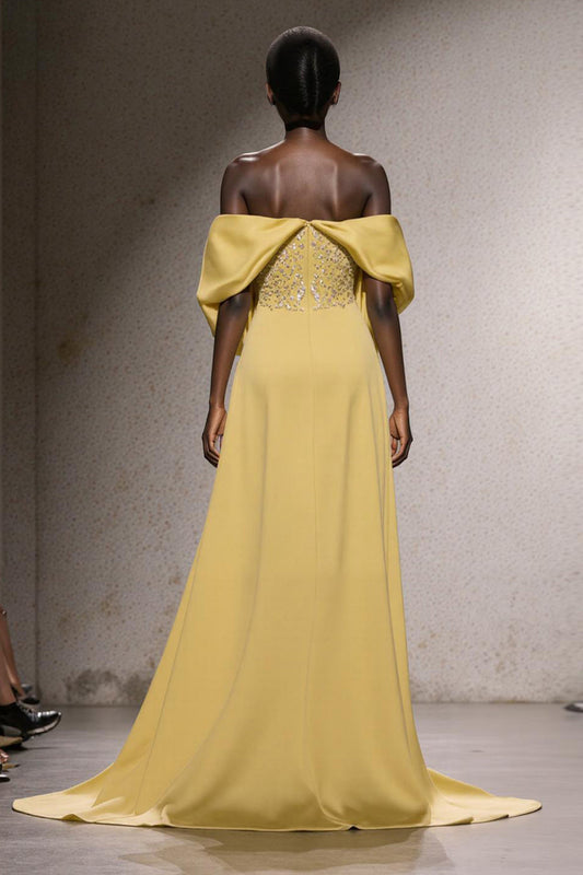Robe de soirée longue sirène épaules dénudées jonquille scintillante à sequins