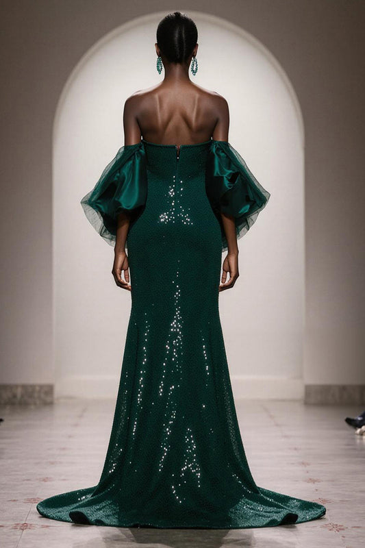 Robe de soirée longue sirène vert foncé pailleté sans bretelles à sequins avec manches