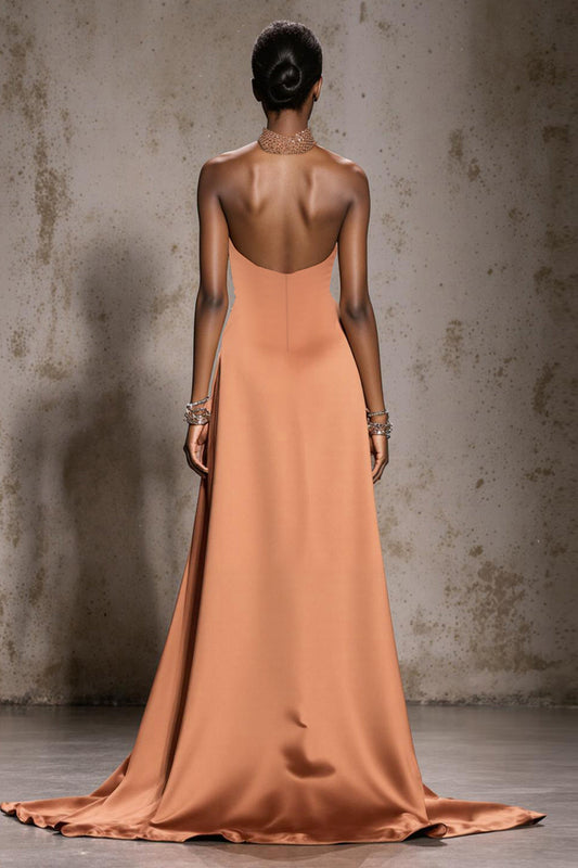 Sparkly Orange Halter Satin Mermaid Long Pageant Dress with Beading