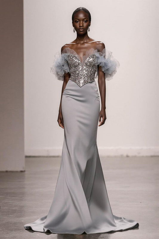Robe de soirée sirène à volants et paillettes argentées, épaules dénudées