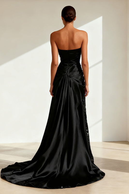 Robe de soirée longue noire bustier en satin à paillettes avec fente