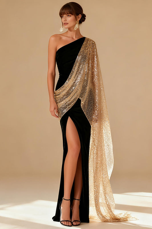 Robe de soirée noire fourreau asymétrique fendue