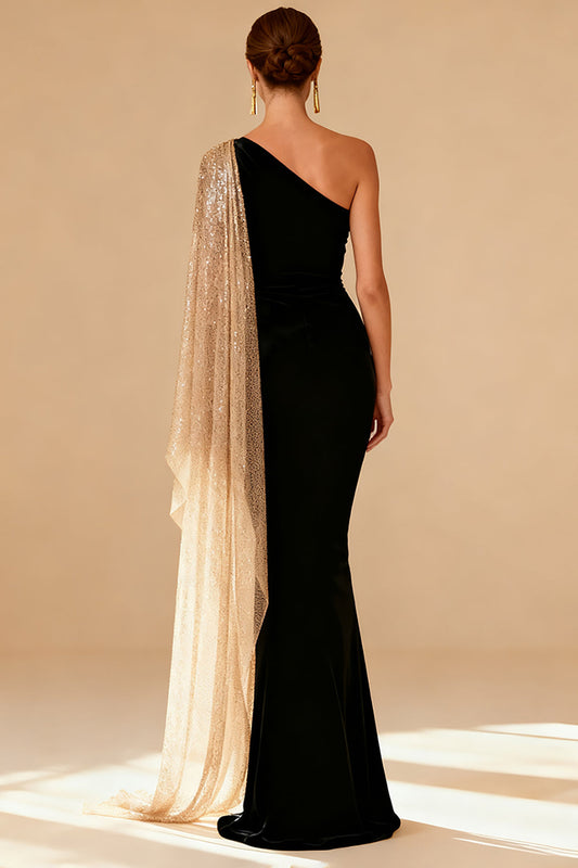Robe de soirée noire fourreau asymétrique fendue