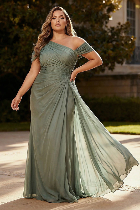 Robe de Soirée Plissée Longue Grande Taille A-ligne Épaule Unique Sauge Poussiéreuse