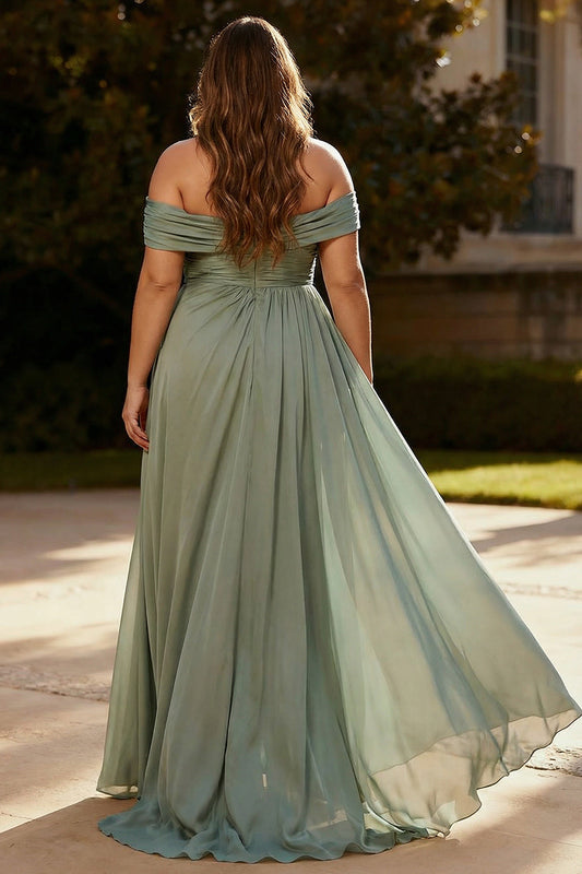 Robe de Soirée Plissée Longue Grande Taille A-ligne Épaule Unique Sauge Poussiéreuse