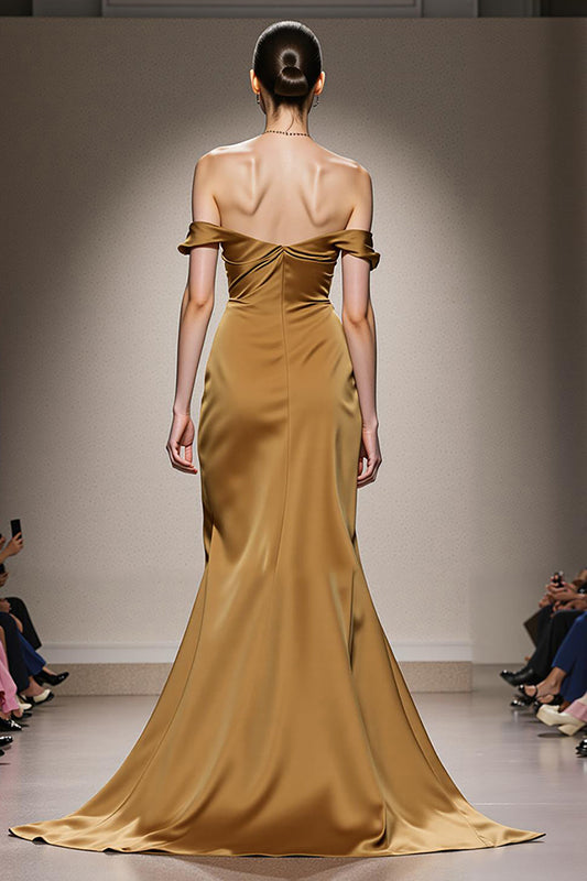 Robe longue de soirée sirène en satin jaune à épaules dénudées
