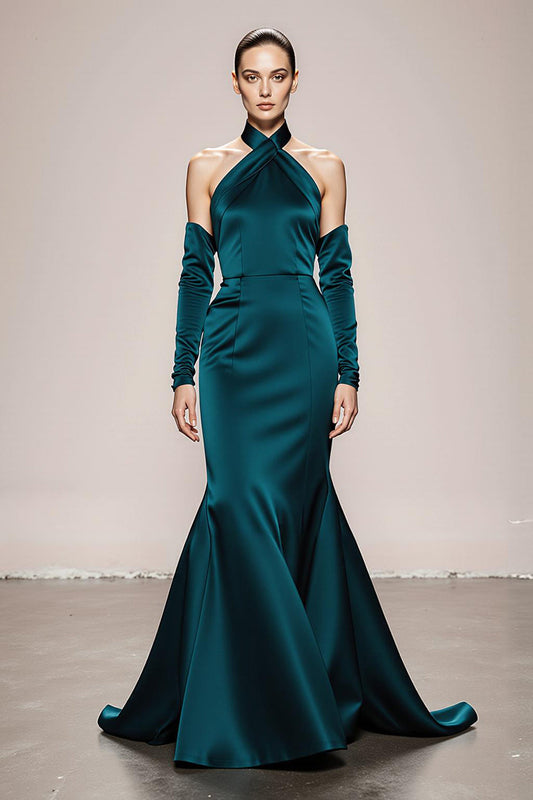 Robes de soirée longue coupe sirène col halter manches vert paon