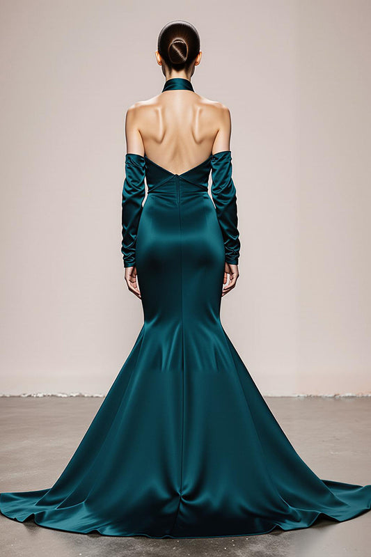 Robes de soirée longue coupe sirène col halter manches vert paon