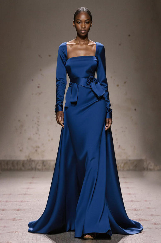 Robes de bal longues en velours bleu roi, coupe trapèze, avec manches