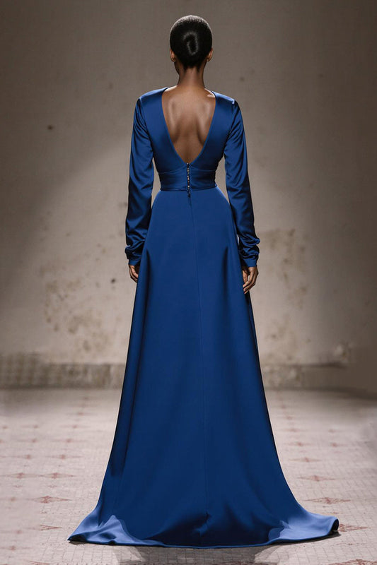 Robes de bal longues en velours bleu roi, coupe trapèze, avec manches