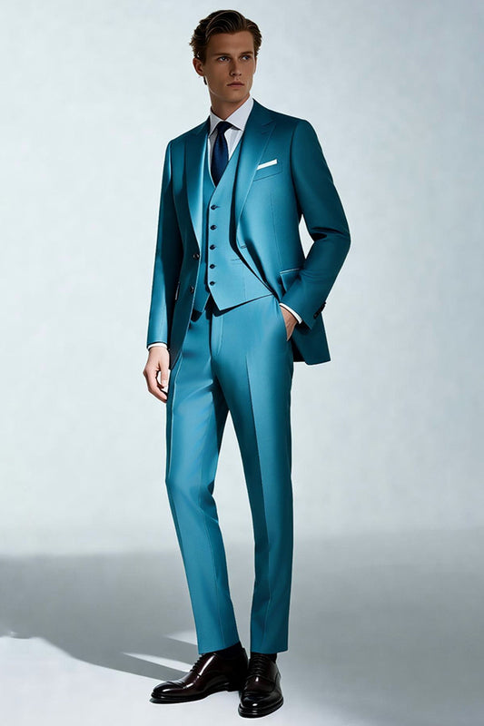 Costume 3 pièces pour homme à revers crantés, bleu paon