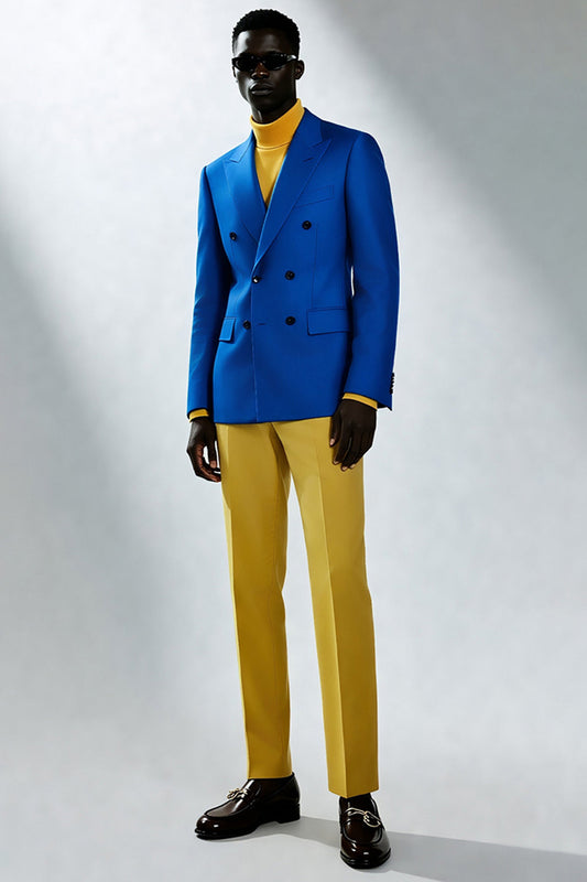 Costumes de bal croisés bleus à revers en pointe pour hommes
