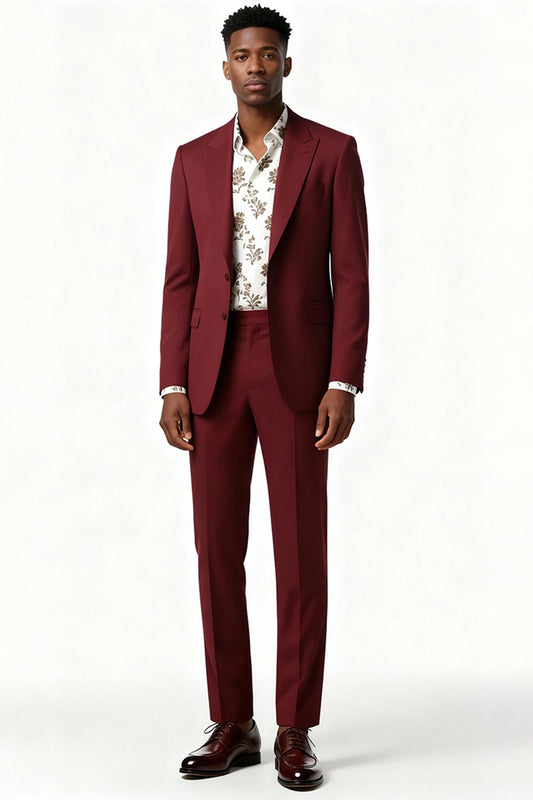 Burgundy Peak Lapel 2 Piece Single Breasted Men's Suits