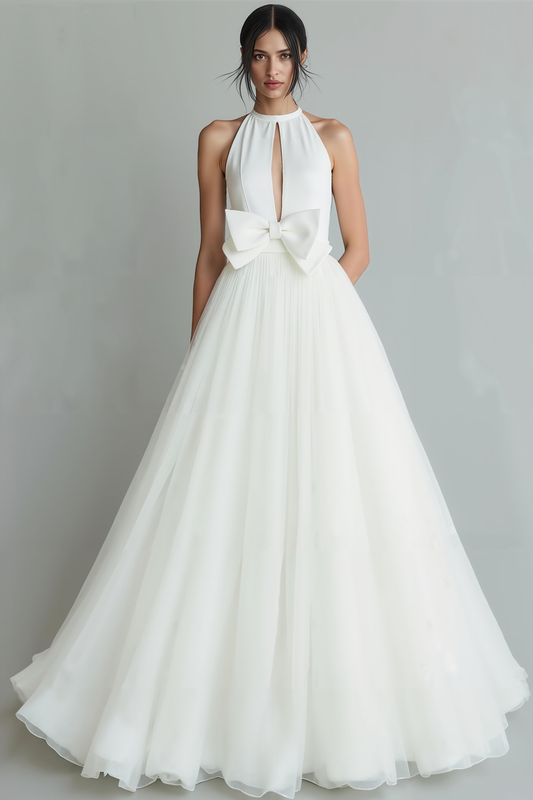 Robe de mariée longue blanche en organza coupe A avec nœud et encolure ronde à découpe goutte d'eau