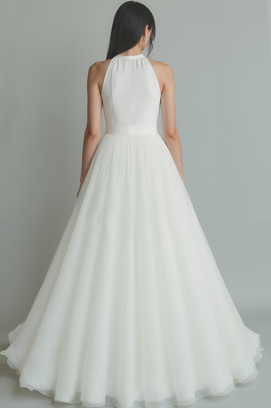 Robe de mariée longue blanche en organza coupe A avec nœud et encolure ronde à découpe goutte d'eau