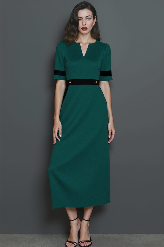 Robe de travail longue vert foncé trapèze à manches courtes boutonnée