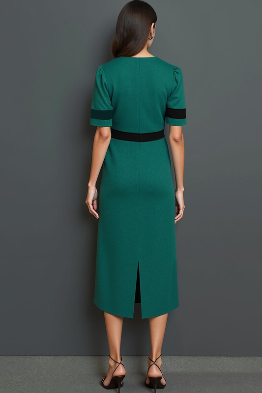 Robe de travail longue vert foncé trapèze à manches courtes boutonnée