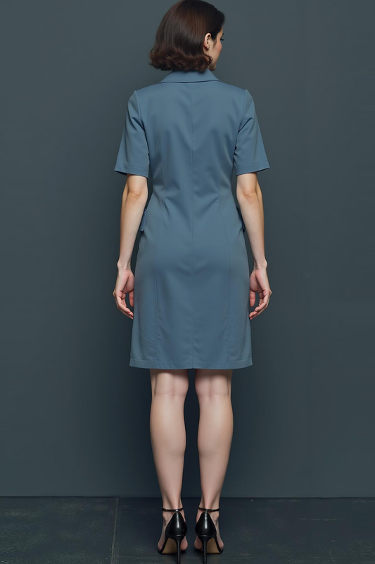 Robe de travail midi bleu poudré à manches, col cranté et simple boutonnage