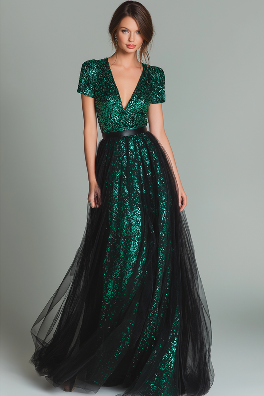 Robe longue de soirée en sequins vert foncé scintillant avec col en V et manches, coupe trapèze