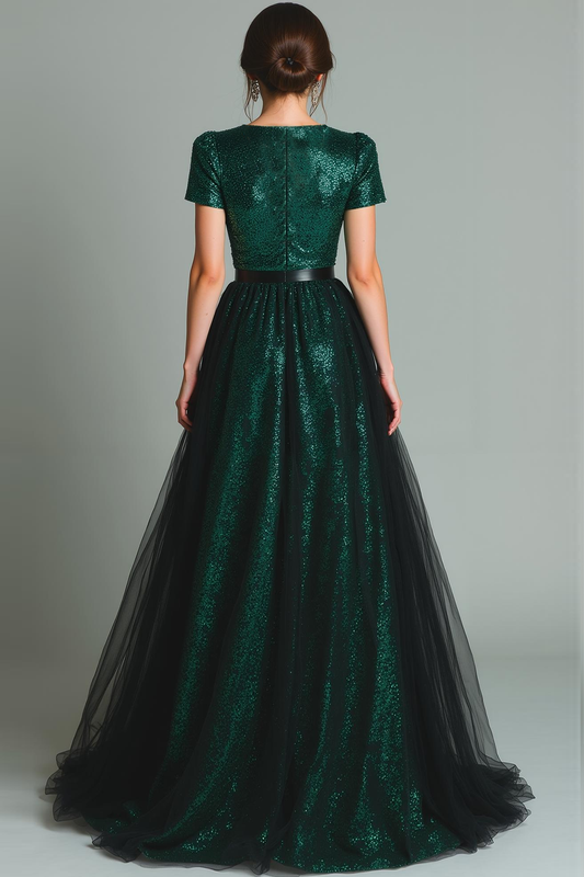 Robe longue de soirée en sequins vert foncé scintillant avec col en V et manches, coupe trapèze