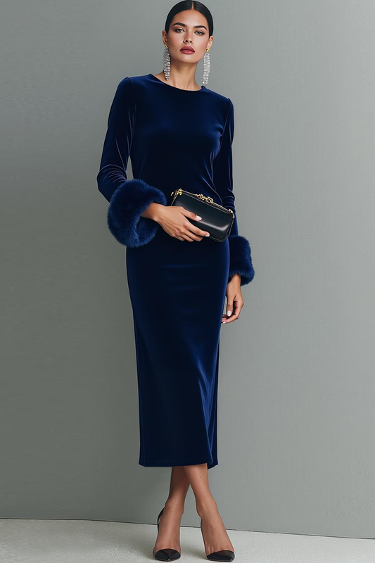 Robe fourreau longue en velours à manches et col rond bleu foncé