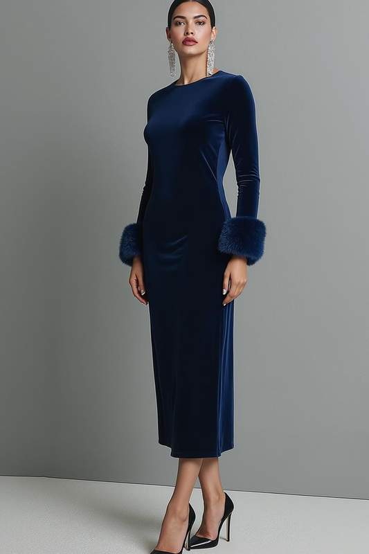 Robe fourreau longue en velours à manches et col rond bleu foncé