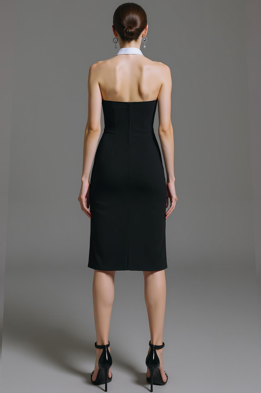 Black White Bodycon Neck Collar Cocktail Dress
